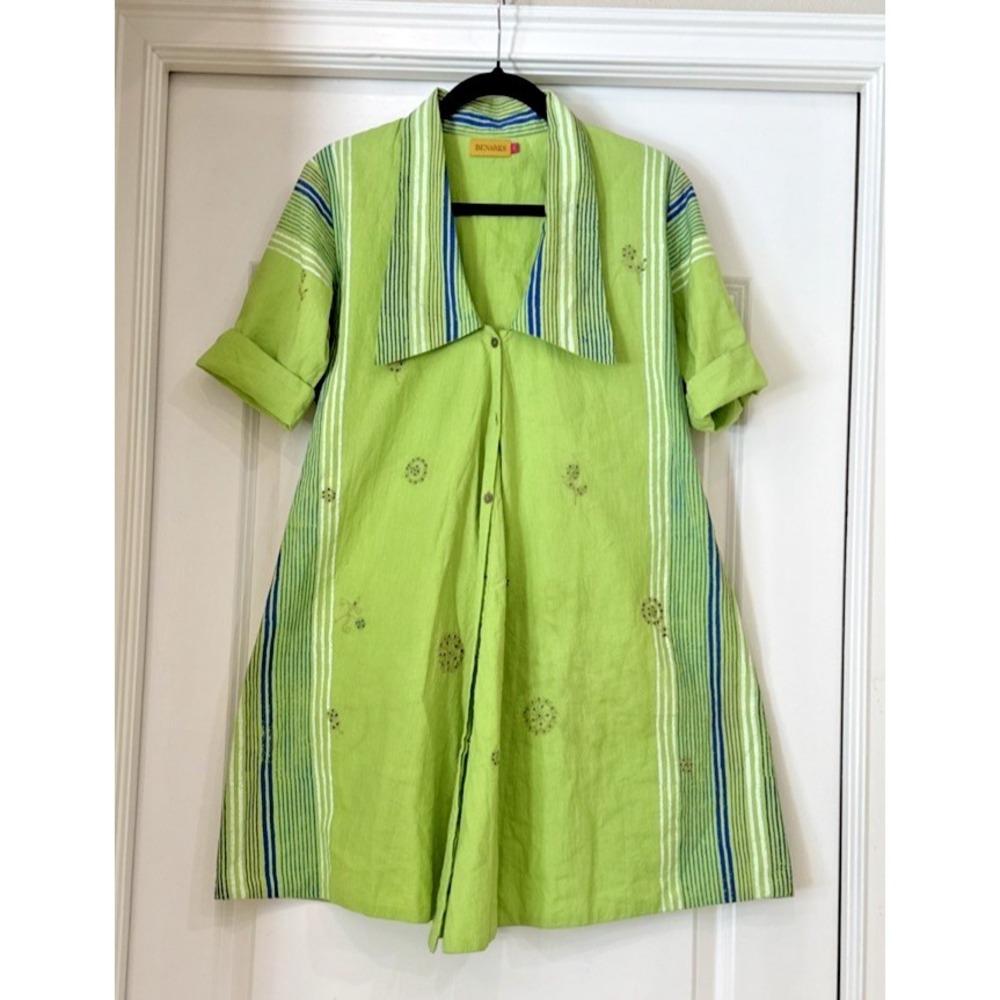 Benares Green Floral Tunic Dress Sz M Long Collar Button Up Art to Wear Disco **
